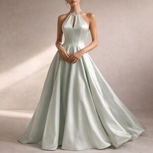 Scott McClintock Mint Mineral Green Satin Halter Gown Jewel Neck Prom Sz 8